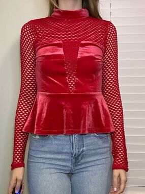 Red Velvet Mesh Peplum Long-Sleeve Top